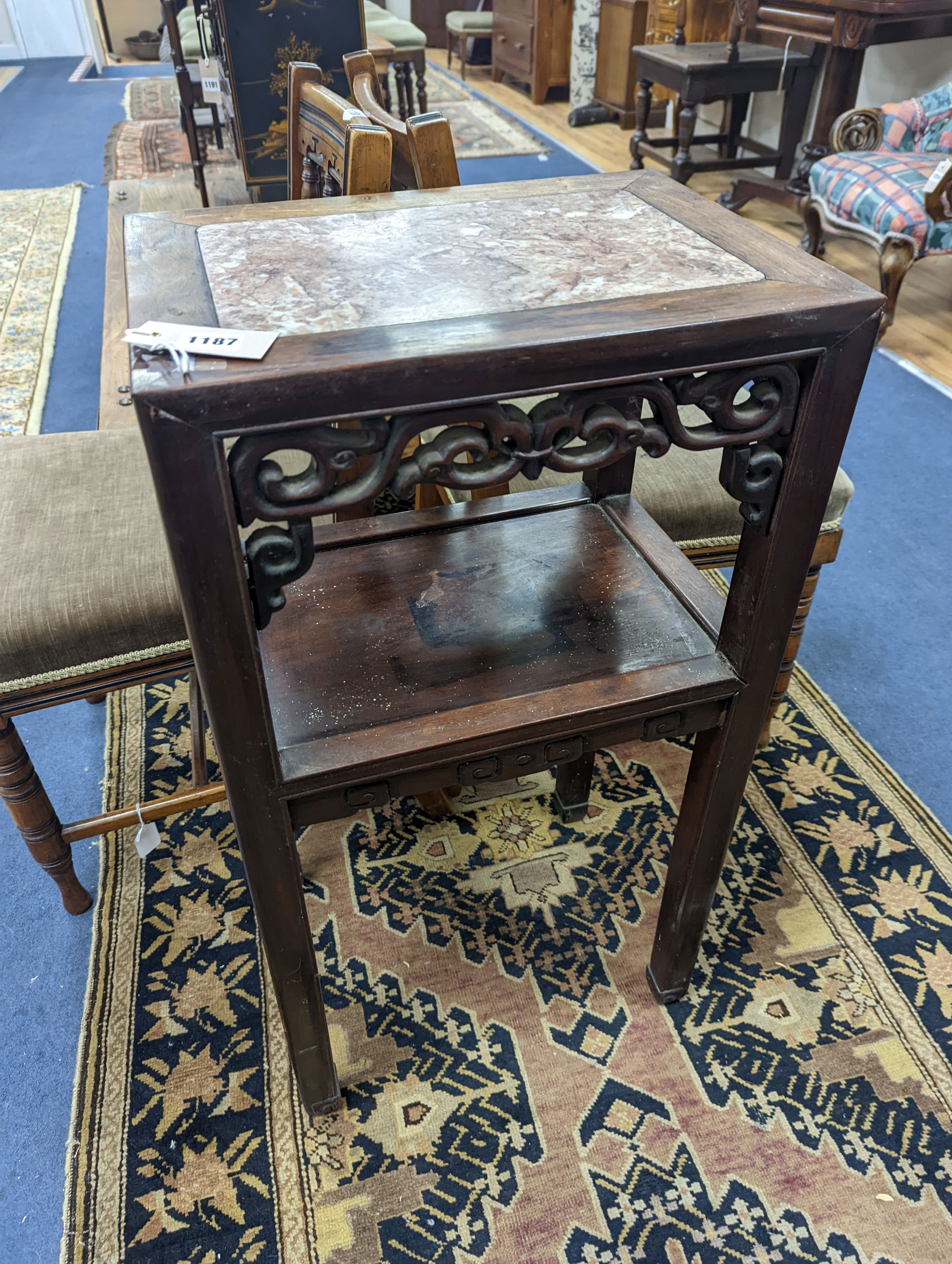 A late 19th century Chinese marble inset hardwood occasional table, width 41cm, height 79cm
